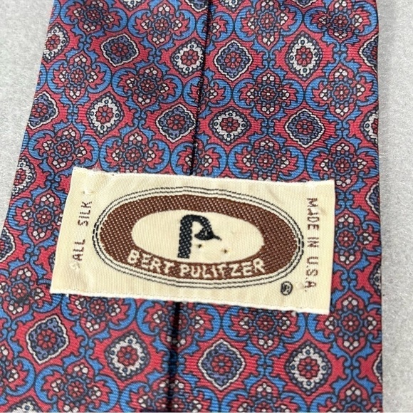 Bert Pulitzer Tie 3.5 X 56 Silk Red/Blue Geometric Floral Silk Vintage Retro - Picture 7 of 8